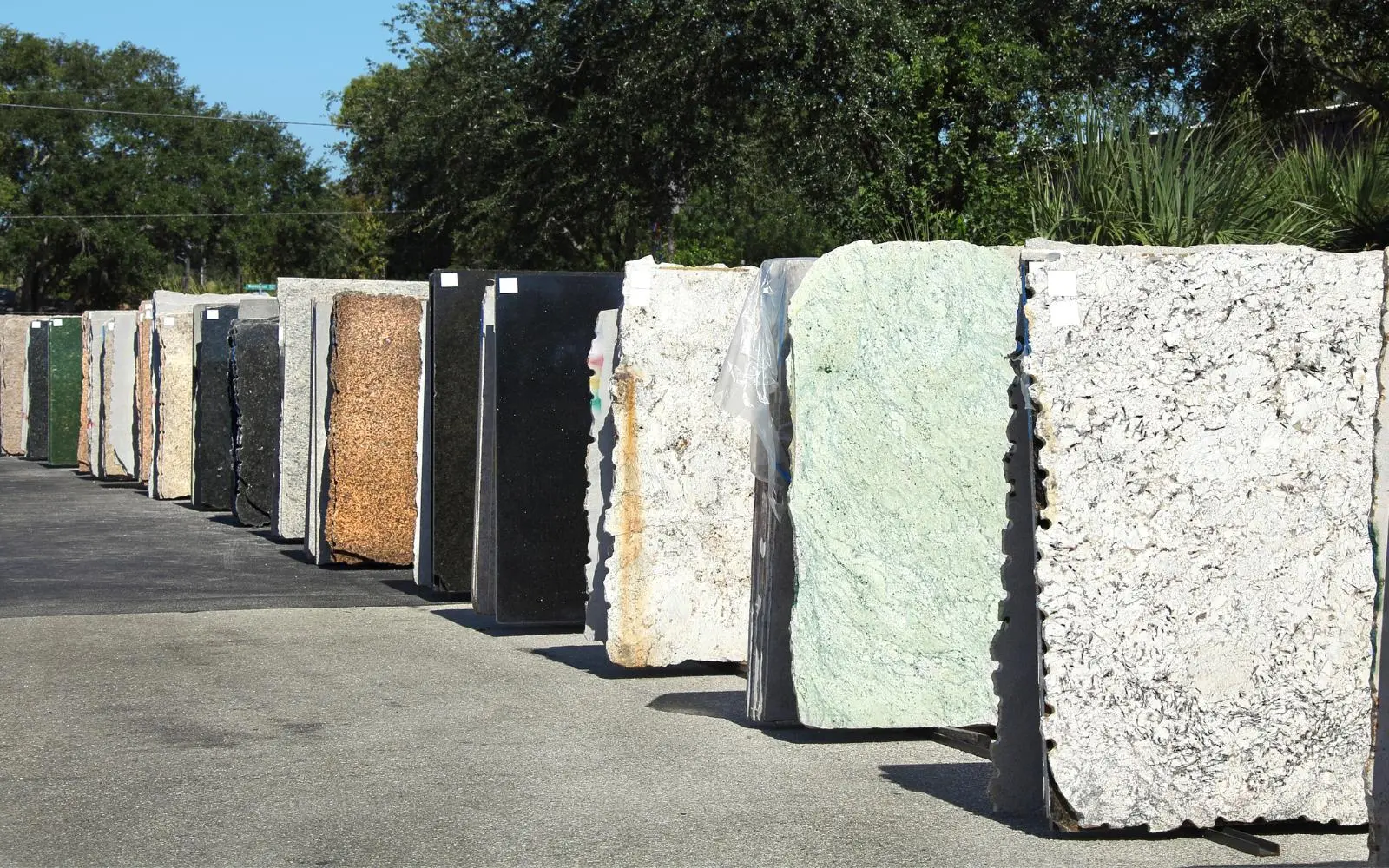 Granite and quartz slabs in the Yorkshire workshop yard